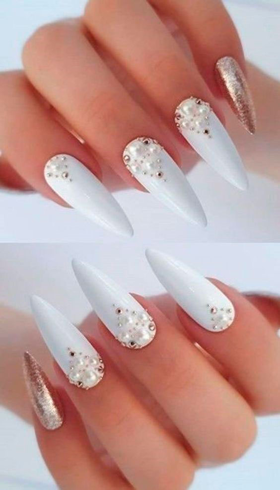 Wedding Manicure with rhinestones and gold metals